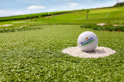 Ein Golfball mit Bella-Vista Golfpark Logo liegt zum Abschlag bereit.