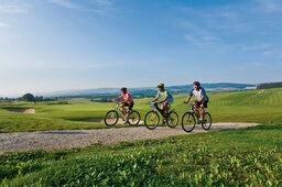 Eine entspannte Fahrradtour rund um Bad Birnbach auf einem Schotterweg mit Blick auf weite Felder und wolkigen Himmel.