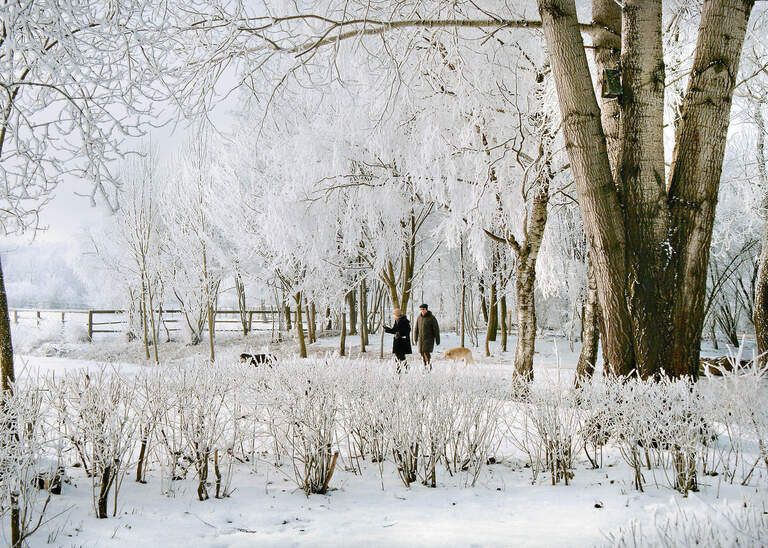 Ein paar geht in der verschneite Umgebung von Bad Birnbach spazieren